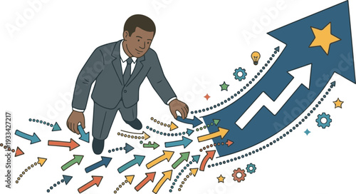 Businessman managing and directing multiple flow arrows upward