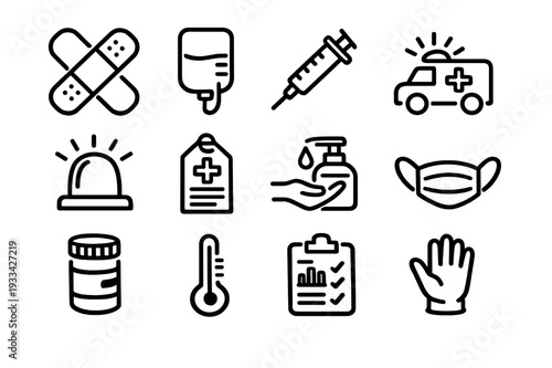 Medical icon set featuring ambulance syringe face mask thermometer and first aid equipment for healthcare and hospital services
