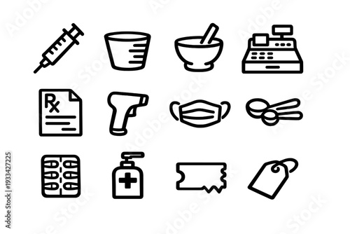 Pharmacy and medical healthcare icon set featuring syringe prescription pills mask and sanitizer on white background