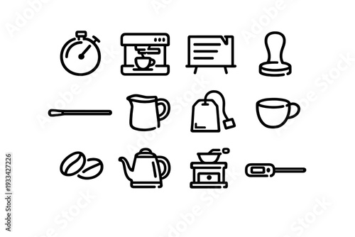 Coffee and tea preparation equipment icons including espresso machine kettle grinder beans cup and tamper on white background