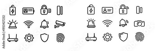 Security and technology line icon set featuring padlock shield fingerprint camera wifi and alarm symbols for smart home protection