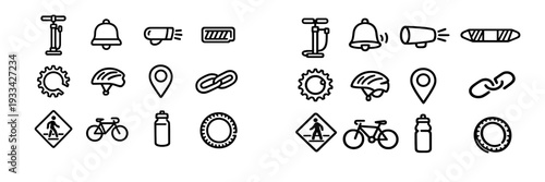 Set of bicycle accessories and cycling equipment line icons including helmet pump bell light gear chain and water bottle on white background