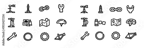 Collection of bicycle repair and maintenance line icons featuring tools pump helmet map and gear for cycling service and outdoor adventure