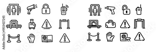 Airport security and safety line icons featuring metal detector baggage scanner passport and warning symbols on white background