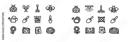 Black and white garden tool and nature icons including ladybug bee watering can trowel sunflower and seed packet for landscaping