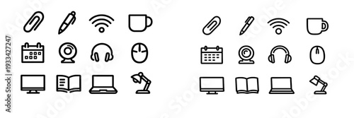 Collection of and technology line icons including computer laptop monitor desk lamp and stationery items on white background