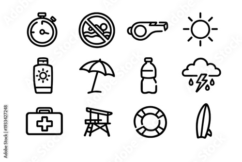Summer beach safety and lifeguard equipment icons featuring sun protection first aid kit lifebuoy surfboard and weather warning symbols