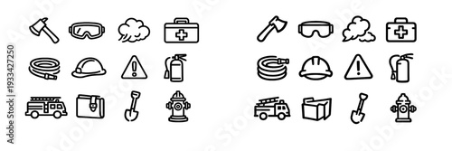 Firefighting and emergency rescue equipment icons including fire truck extinguisher hydrant axe and safety gear on white background