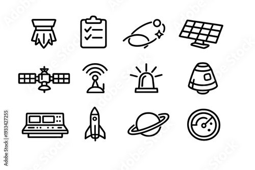 Space exploration and technology line icon set featuring rocket satellite planet solar panel and control console symbols on white background