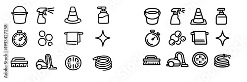 Cleaning and maintenance icon set featuring bucket spray bottle vacuum cleaner hose brush and soap dispenser on white background
