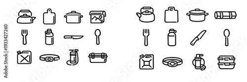 Camping and outdoor equipment line icons including kettle pot cutlery water bottle headlamp and fuel canister on white background