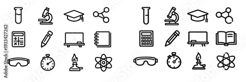Set of science and education line icons including microscope test tube calculator graduation cap and atom symbols on white background