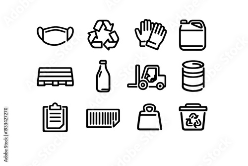 Logistics and recycling icons set including forklift pallet recycling bin face mask gloves and industrial containers on white background