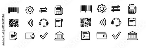 Set of black line icons for finance banking and retail commerce including payment methods and business symbols on white background