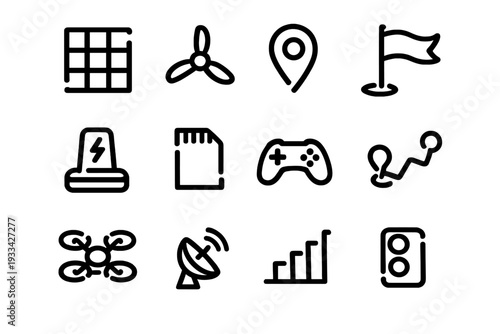 Set of modern technology and navigation icons including drone satellite dish game controller and solar panel on white background