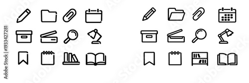 Minimalist black line and stationery icons with pencil folder paperclip calendar box scanner magnifying glass lamp and book