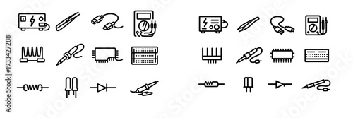 Electronics repair and soldering equipment icons including multimeter soldering iron microchip and circuit components on white background