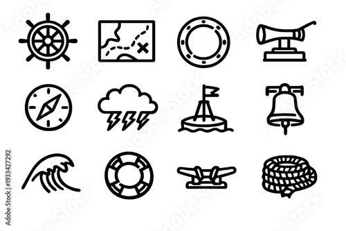 Nautical and maritime icons set featuring ship wheel treasure map compass and sea equipment on white background
