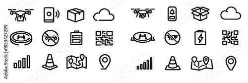 Set of drone delivery and logistics line icons including quadcopter package transport map location and signal symbols on white background