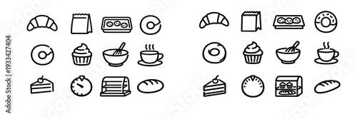 Minimalist bakery and cafe line icon set featuring croissant donut cupcake coffee cup cake slice and bread loaf on white background