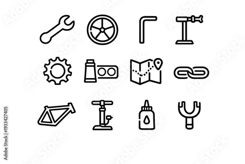 Bicycle repair and maintenance line icon set featuring tools and parts for cycling service and mechanical work on white background