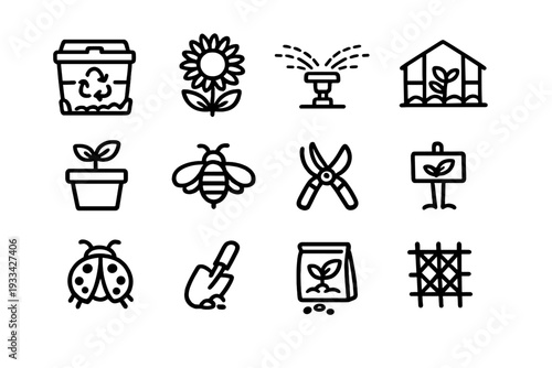 Gardening and horticulture line icon set featuring greenhouse sunflower bee ladybug trowel and pruning shears for organic farming