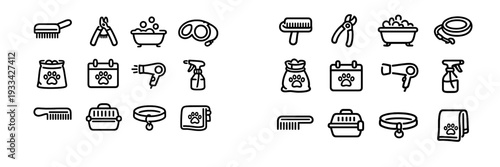 Pet grooming and animal care line icons including brush nail clippers bathtub leash food bag calendar hair dryer spray bottle comb carrier