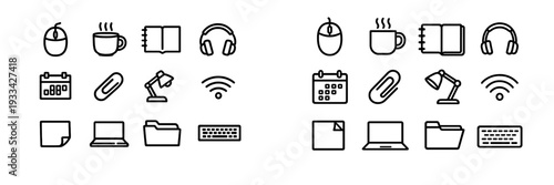 Minimalist black line icons for and workspace including laptop mouse coffee cup and stationery on white background