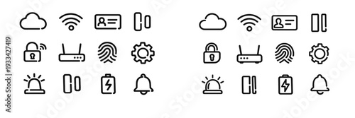 Set of minimalist technology and security line icons including cloud wifi fingerprint lock and battery symbols for user interface design