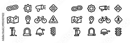 Set of bicycle and urban transportation line icons including bike lock traffic light map and location pin for city navigation and cycling