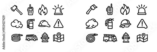 Firefighter equipment and emergency service icons featuring fire truck hydrant extinguisher helmet axe and alarm symbols for safety