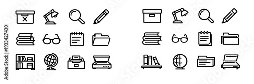 Minimalist and library line icons featuring books globe folder lamp and archive supplies for business and education