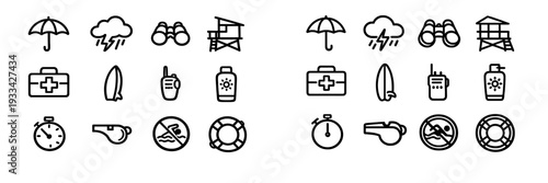 Lifeguard rescue and beach safety icons including first aid kit surfboard whistle binoculars and lifebuoy symbols