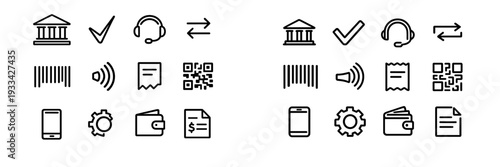 Banking and financial services line icons featuring bank building checkmark headset exchange barcode contactless payment receipt QR code
