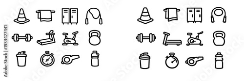 Gym and fitness equipment line icon set featuring dumbbell treadmill kettlebell stationary bike stopwatch and locker room elements