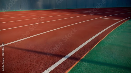 Red athletic track with white lines on a green field