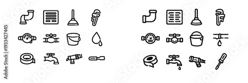 Plumbing and home repair service icons set featuring pipe wrench plunger faucet water meter and tools for maintenance