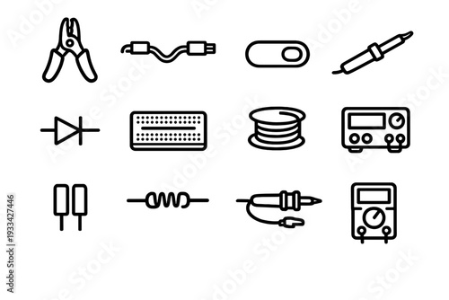 Collection of electronic engineering icons featuring soldering iron multimeter breadboard and circuit components on white background