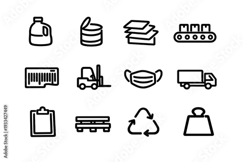 Logistics and manufacturing line icons set featuring forklift truck barcode recycling symbol and delivery equipment on white background