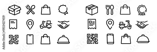 Set of minimalist line icons for food delivery and e-commerce services including package box shopping bag scooter and location pin