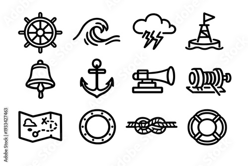 Nautical and maritime line icon set with anchor ship wheel wave storm buoy bell foghorn winch treasure map porthole rope knot and lifebuoy