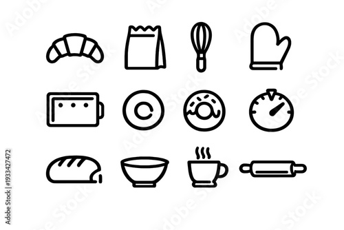 Minimalist black line icons of bakery items and kitchen tools including bread croissant donut whisk rolling pin and coffee cup on white