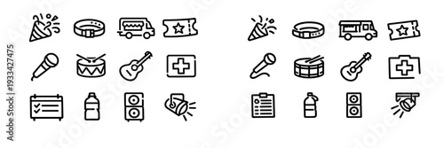 Music festival and concert event line icons set featuring microphone guitar drum ticket food truck and spotlight symbols