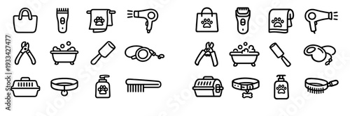 Pet grooming and care line icon set featuring equipment for dogs and cats including brush shampoo collar and carrier