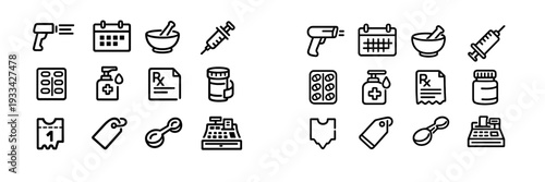 Pharmacy and medical healthcare line icon set featuring syringe medicine bottle prescription and thermometer on white background