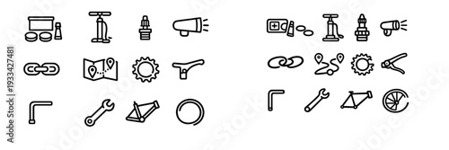 Bicycle repair and maintenance icon set with tools including pump wrench gear chain and map for cycling service and bike shop equipment