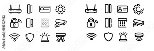 Security and smart home technology line icon set featuring camera padlock wifi router and alarm system elements on white background