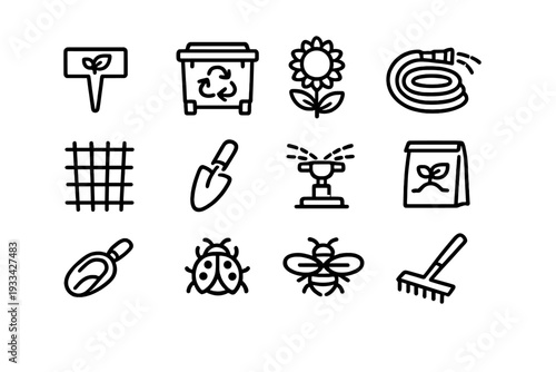 Gardening and landscaping line icon set featuring tools plants and insects for outdoor maintenance and backyard hobby activities