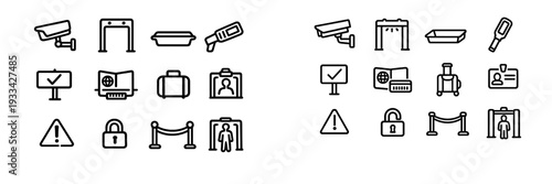 Airport security and travel safety line icon set featuring metal detector surveillance camera passport and luggage symbols