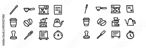 Collection of coffee shop and barista equipment icons including espresso machine grinder kettle and beans on white background